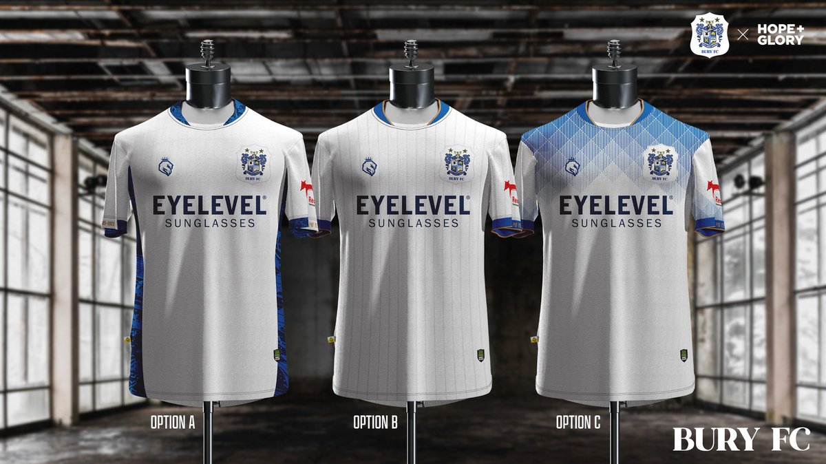 footballshirt's tweet image. Bury FC have opened a fan vote, in partnership with kit supplier Hope + Glory Sportswear, to decide the club’s home shirt for the 2025 to 2027 seasons.

Read more: footballshirtculture.com/new-kits/bury-…

#BuryFC #RaiseTheBar #PartOfIt #ShakersTogether