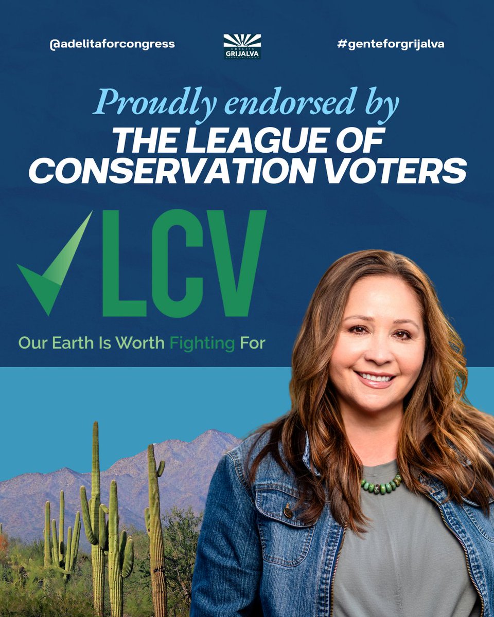 Adelita for Congress (@adelitaforaz) on Twitter photo Proud to share that our campaign has been endorsed by <a href="/LCVoters/">League of Conservation Voters 🌎</a>!
I look forward to joining them in the fight for bold #ClimateAction and #EnvironmentalJustice - ensuring that every community has access to clean air, safe water, and a sustainable future.
🌎🌵 Proud to share that our campaign has been endorsed by <a href="/LCVoters/">League of Conservation Voters 🌎</a>!
I look forward to joining them in the fight for bold #ClimateAction and #EnvironmentalJustice - ensuring that every community has access to clean air, safe water, and a sustainable future.
🌎🌵