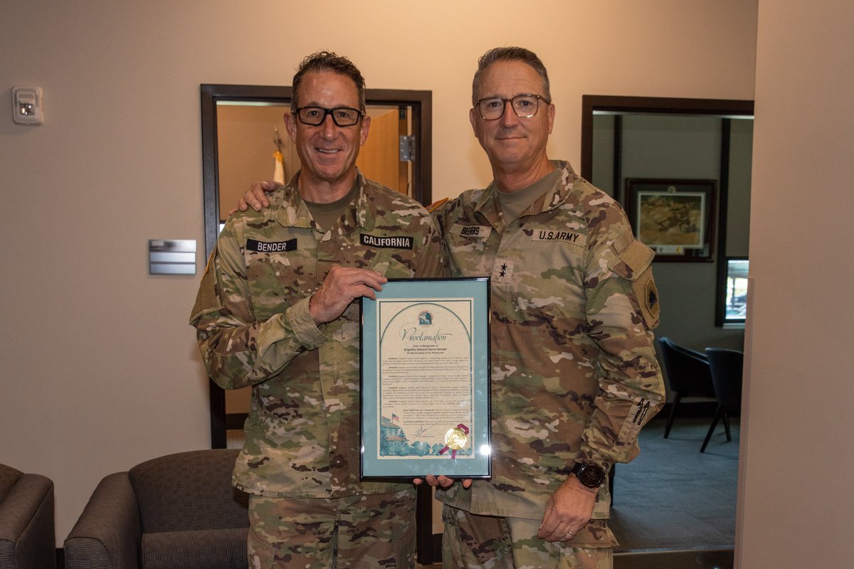 CaStateGuard's tweet photo. In a formal change of command ceremony on April 30, Brig. Gen. Larry K. Adams assumed command of the California State Guard from Brig. Gen. Darrin Bender. Maj. Gen. Matthew P. Beevers presided, recognizing Bender’s service and welcoming Adams. https://t.co/Y7HdZlg8zf