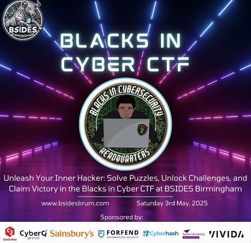 Blacks In Cybersecurity (@blackincyberco1) on Twitter photo Congratulations to our CTF winners 🚩💻 @ <a href="/BrumBsides/">BSides Birmingham (UK)</a> 🏆
Thank you BSides Birmingham ! 🇬🇧
#BlacksInCyber #LitLikeBIC #Bsides #BICCTF #BICUK #BIC_UK Congratulations to our CTF winners 🚩💻 @ <a href="/BrumBsides/">BSides Birmingham (UK)</a> 🏆
Thank you BSides Birmingham ! 🇬🇧
#BlacksInCyber #LitLikeBIC #Bsides #BICCTF #BICUK #BIC_UK