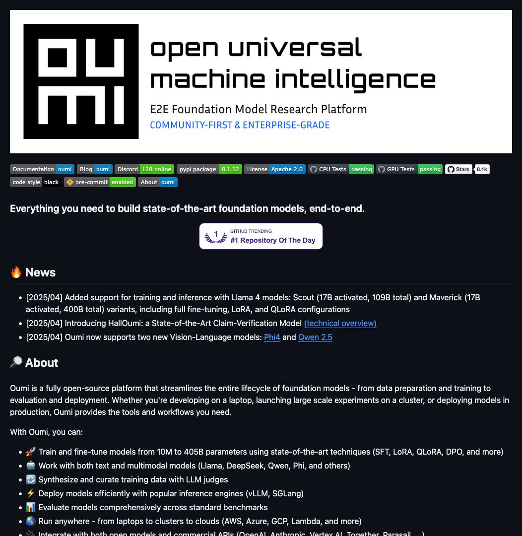D4Vinci1's tweet image. oumi by @Oumi_PBC
Unlock state-of-the-art foundation models for any task! Oumi is an open-source platform that streamlines model development, training, evaluation & deployment - all in one place. #AI #MachineLearning #ModelDevelopment