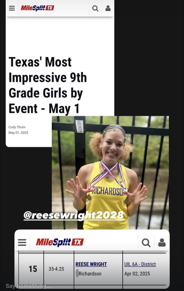Lady Dukes 2028 Premier | 2028 National (@ladydukes28nat) on Twitter photo Congratulations to <a href="/ReeseWright2028/">Reese Wright</a> who ranked #15 on the Milesplit Rankings Texas’ Most Impressive 9th Grade Girls for Shotput. She also won District 7-6A for Shotput and Discus. Way to go Reese! Congratulations to <a href="/ReeseWright2028/">Reese Wright</a> who ranked #15 on the Milesplit Rankings Texas’ Most Impressive 9th Grade Girls for Shotput. She also won District 7-6A for Shotput and Discus. Way to go Reese!