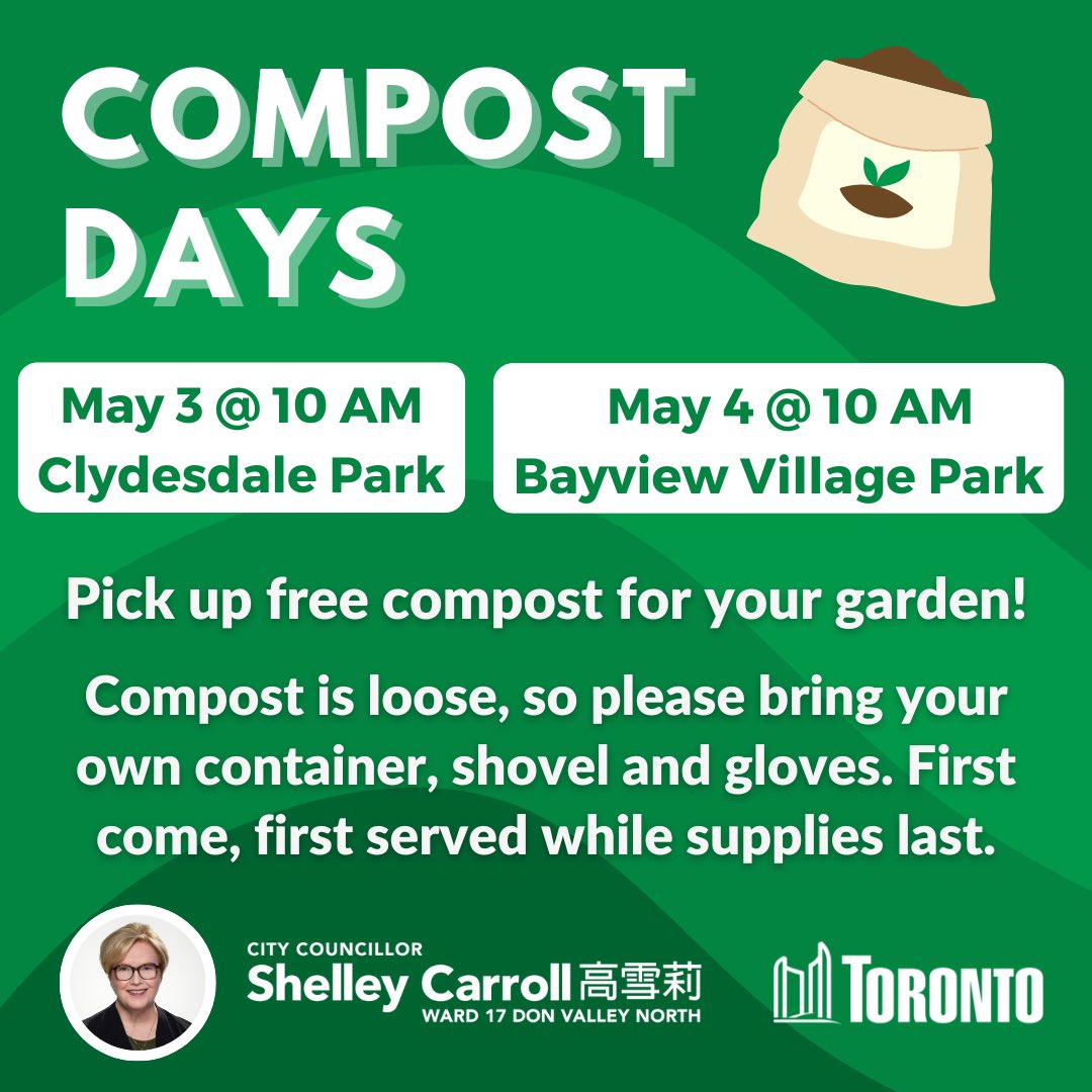 Compost day!
Tomorrow in #BayviewVillage Park. 
Hosted by Councillor <a href="/shelleycarroll/">Shelley Carroll</a>