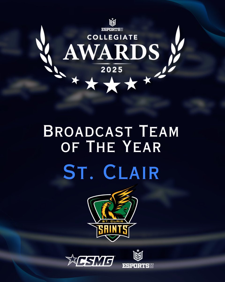 EsportsU (@esportsugaming) on Twitter photo Congratulations to your EsportsU Collegiate Award winner <a href="/SaintsGamingCA/">St. Clair Saints</a> for winning Broadcast Team of the Year! #CECCTexas2025 Congratulations to your EsportsU Collegiate Award winner <a href="/SaintsGamingCA/">St. Clair Saints</a> for winning Broadcast Team of the Year! #CECCTexas2025