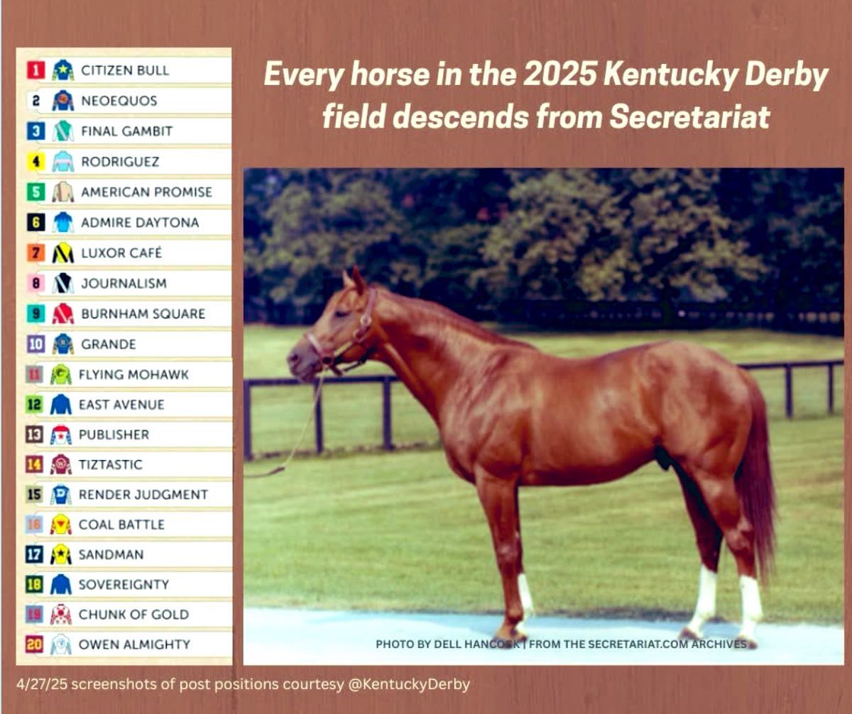 Every horse in the 2025 Kentucky Derby field is a descendant of the legendary Secretariat, the greatest race horse of all time.

#KentuckyDerby151