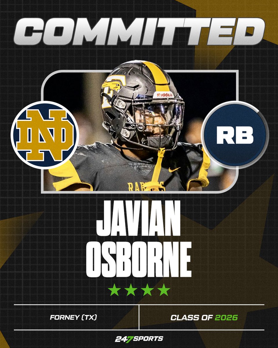 BREAKING: 4⭐️ RB Javian Osborne has committed to Notre Dame ☘️ 

The No. 10 RB in the Top247 chose the Irish over Michigan. 🏈 

WATCH: m.youtube.com/watch?v=G4w_5G…