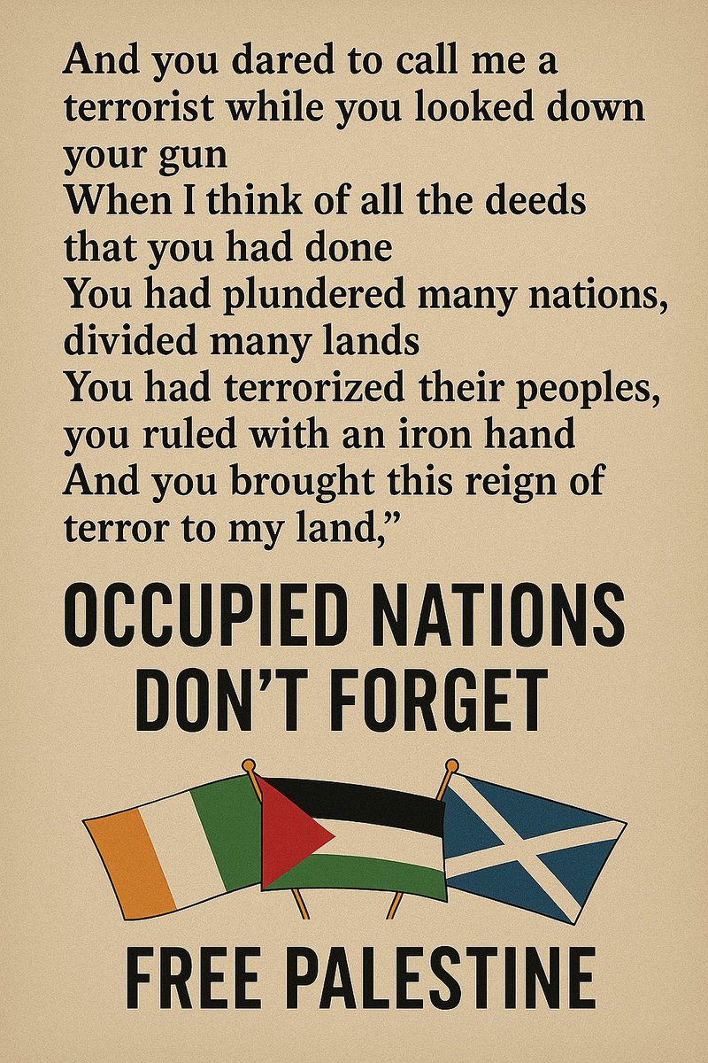 HectorMac_Alba's tweet photo. Occupation comes in many forms
Scotland has had our assets stripped, our language crushed and our culture  attempted to be erased 
Ireland had similar but enforced by british troops 
Palestine has had same but worse with bombs falling from the sky and bulldozers on the ground 
Occupation knows occupation 
From the Scottish highlands to Gaza, Dublin to the West Bank
@KNEECAPCEOL are right to call it out and @KennyMacAskill is right in standing up for them when others remain silent or worse bend there knee to the Israeli state
#EndTheOccupation 
#FreePalestine