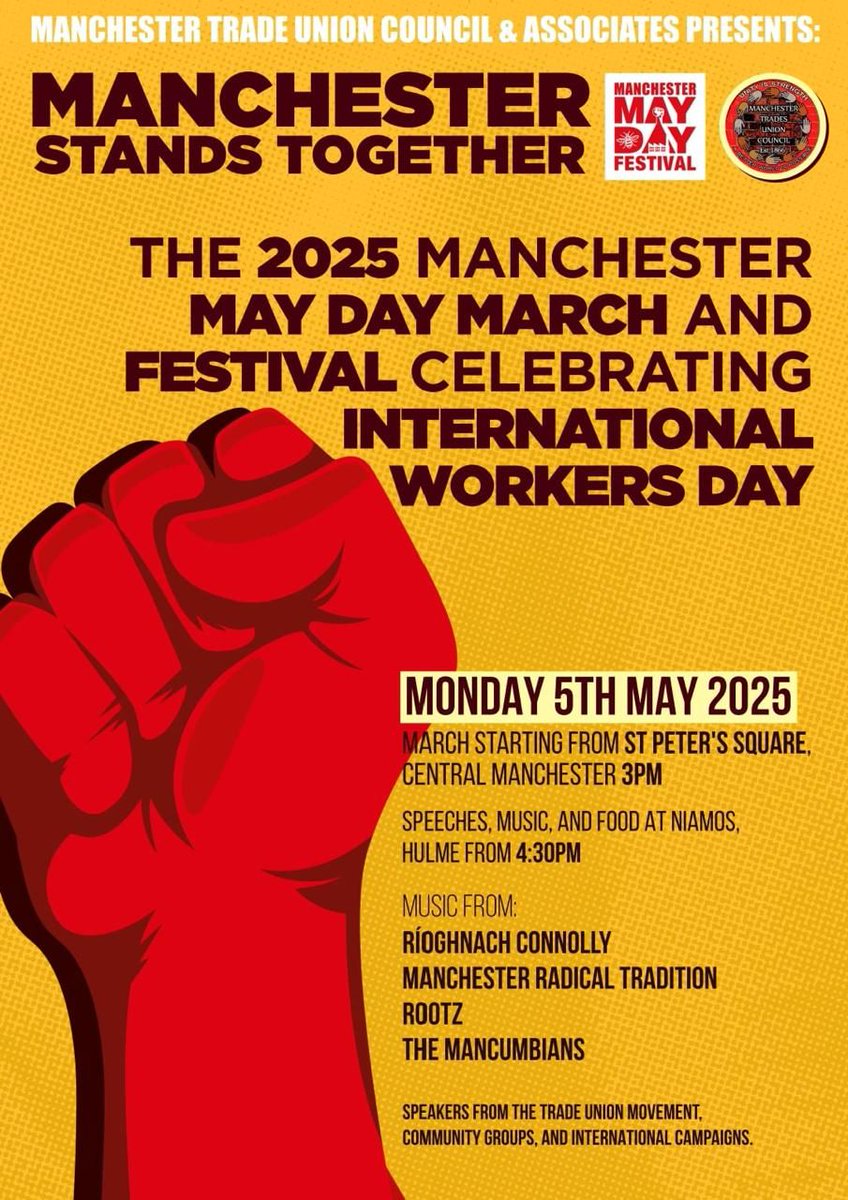 TUCManchester's tweet image. On Mon 5 May in Manchester, stand with us for the May Day demo - a day of solidarity, resistance & celebration, then followed by live music, food & activist speeches at Niamos, Hulme ✊️🌍🎶
Proud to welcome comrades from across the globe & right here at home!