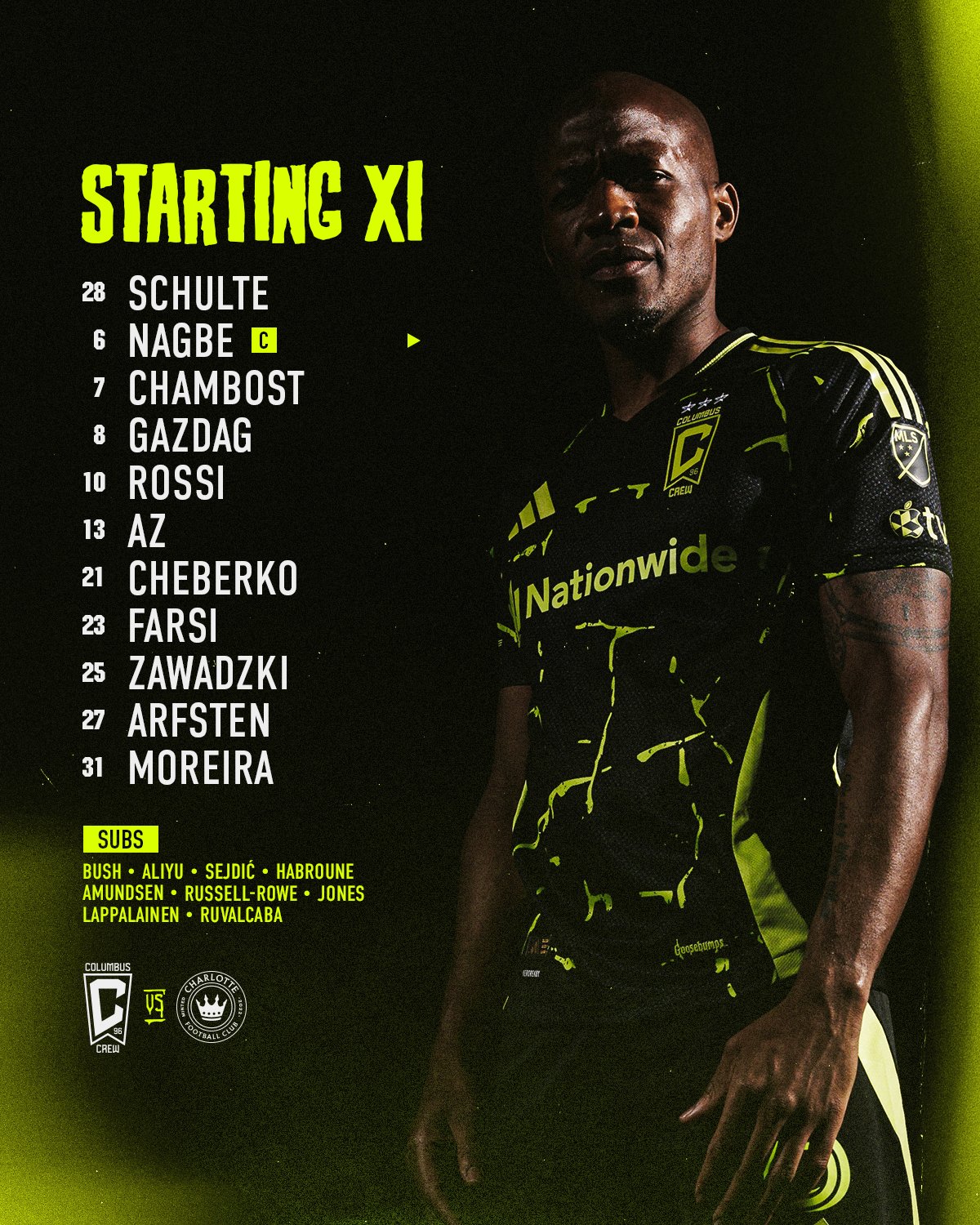 Columbus Crew Starting XI vs. Charlotte FC: Schulte, Nagbe (C), Chambost, Gazdag, Rossi, AZ, Cheberko, Farsi, Zawadzki, Arfsten, Moreira.