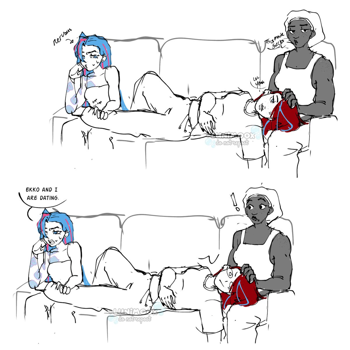 Lunimo0x's tweet photo. Mini comic about Jinx telling vi about dating Ekko. This came to me in a dream that's why it sucks lol. (Yes this is still the college AU.)
#arcane #TimeBomb #jinxarcane #viarcane #GertVi https://t.co/PQq7lAXPdE