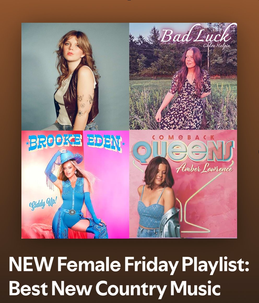 NEW #FemaleFriday Top New Country Music Releases

<a href="/Maddisunmusic/">Maddisun</a> The Pages
<a href="/chloehalpin1/">chloe halpin music</a> Bad Luck
<a href="/BrookeEdenMusic/">Brooke Eden</a> Giddy Up
<a href="/amberlawrence/">Amber Lawrence</a> Comeback Queens

#Spotify
rb.gy/4lgrti

#NewMusic2025 #Country #WomenOfCountry