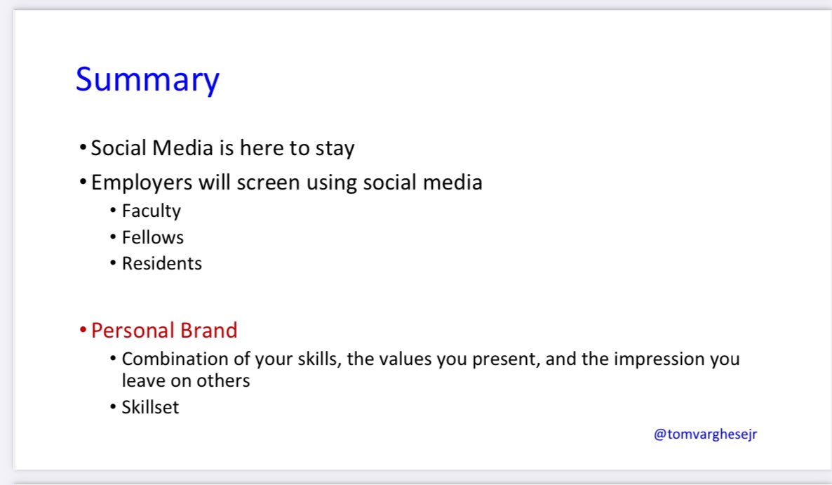 Thanks for everyone who attended. 
Some slides from my talk. 

Employers, including residency programs, will increasingly screen social media profiles of applicants. Teaching students, trainees and faculty best practices in personal brand management will be essential in the years