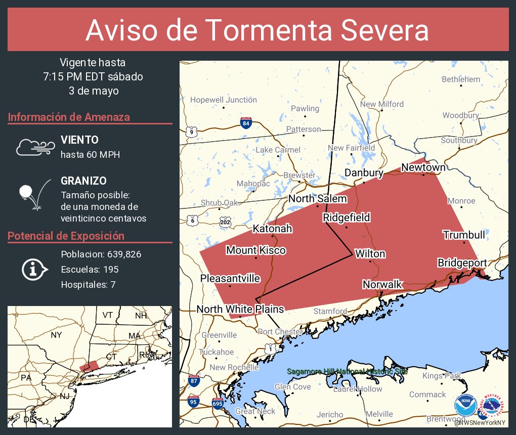 Aviso de Tormenta Severa incluye Bridgeport CT, Norwalk CT, Danbury CT hasta las 7:15 PM EDT