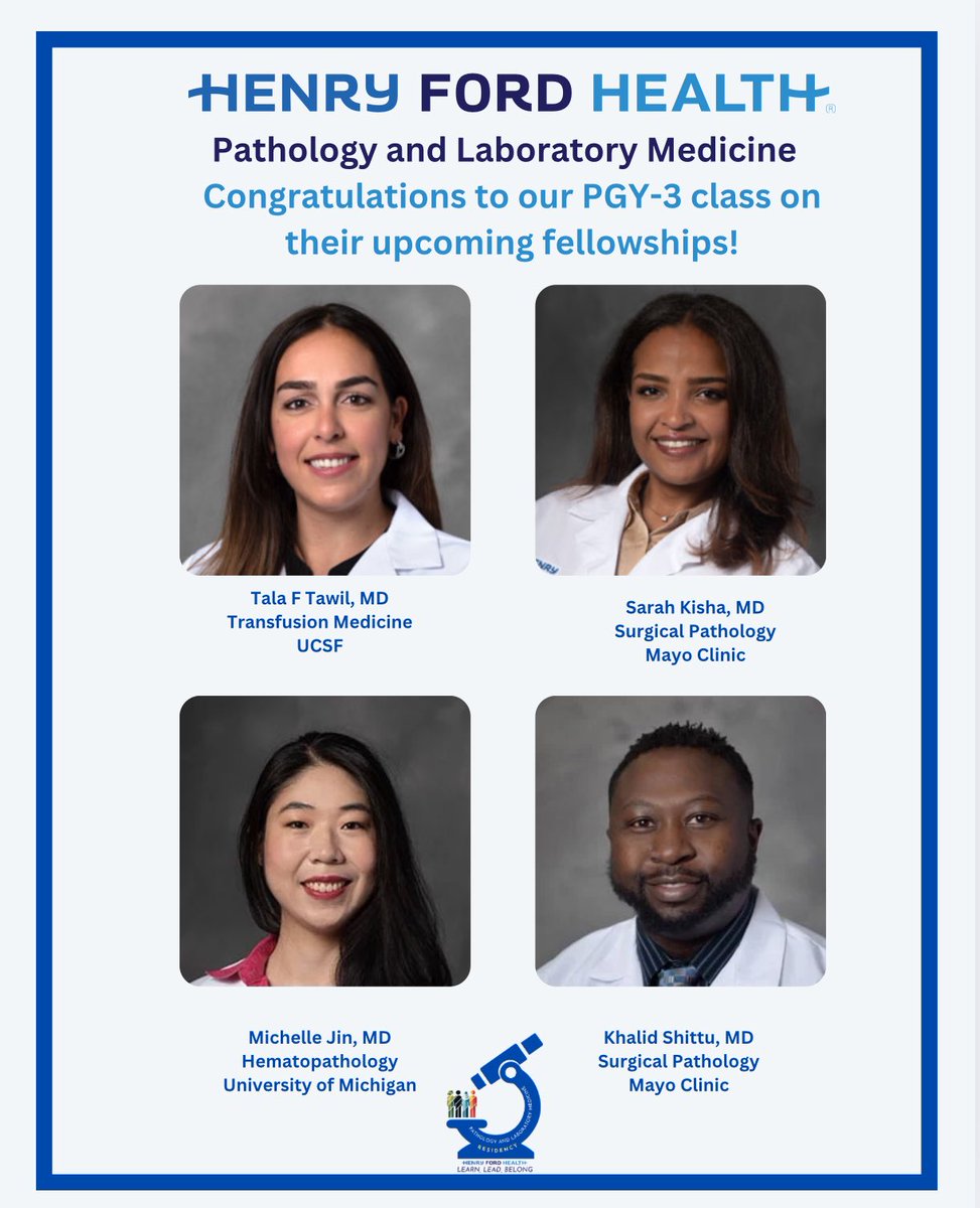 We’re proud to celebrate our amazing PGY-3 residents in Pathology and Laboratory Medicine as they take the next step in their careers!

Please join us in congratulating:
•Dr. Tala F. Tawil – Transfusion Medicine at UCSF
•Dr. Sarah Kisha – Surgical Pathology at Mayo Clinic
•Dr.