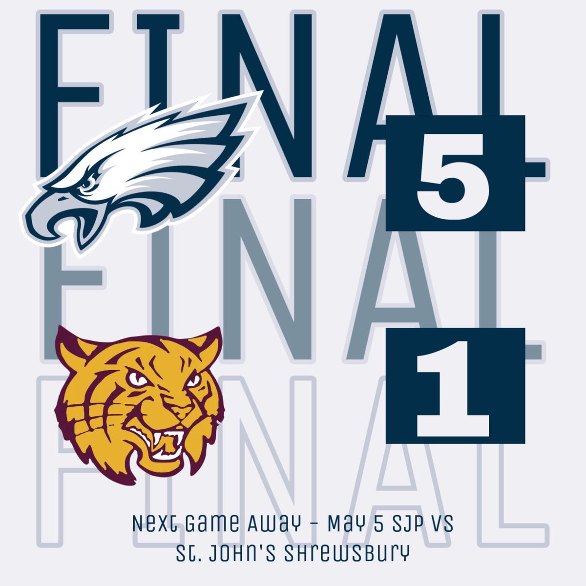 SJP 5 Weymouth 1 Shaheen gets the Win CG 7 K’s Eagles Bats: Spear 1H 1R 2RBI’s Shaheen 2H 1R Lembo 1H 1R DiCarlo 1H 1R Durney 2H Next Game: Away at SJS Monday 4pm #PF3 🦅