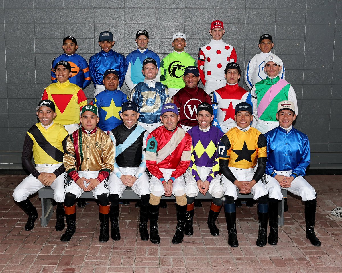 ChurchillDowns's tweet image. The jockeys competing in the 151st running of the Kentucky Derby presented by Woodford Reserve.