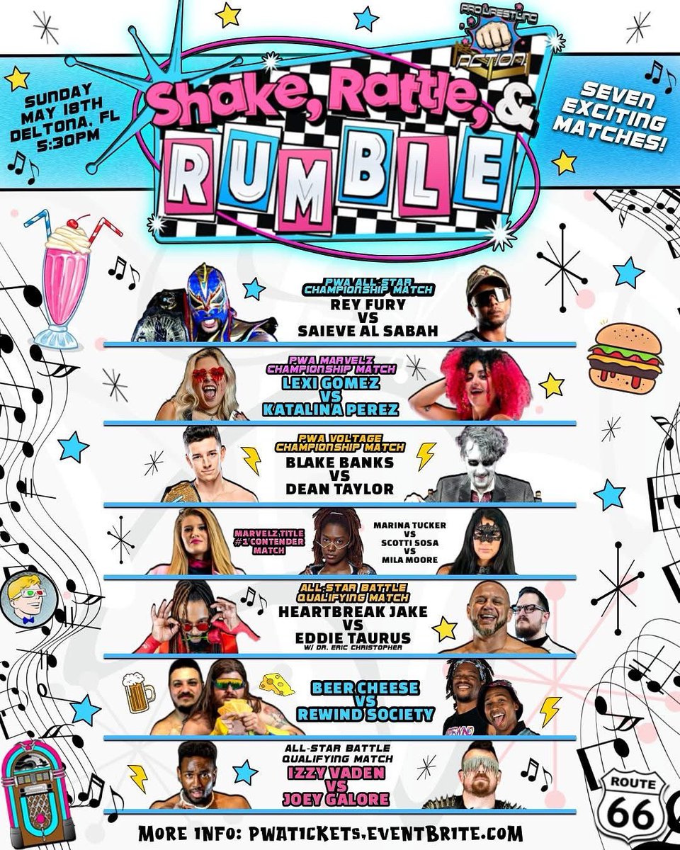 Get ready to SHAKE, RATTLE, &amp; RUMBLE! Pro wrestling returns to Deltona on Sun, May 18 with title matches and nonstop action! Front Row sold out—GA &amp; VIP still available!
🎟 Get your tickets now: PWATickets.Eventbrite.com