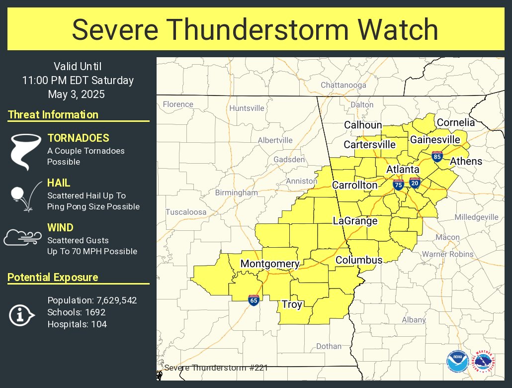 NWSAtlanta's tweet image. A severe thunderstorm watch has been issued for parts of Alabama and Georgia until 11 PM EDT