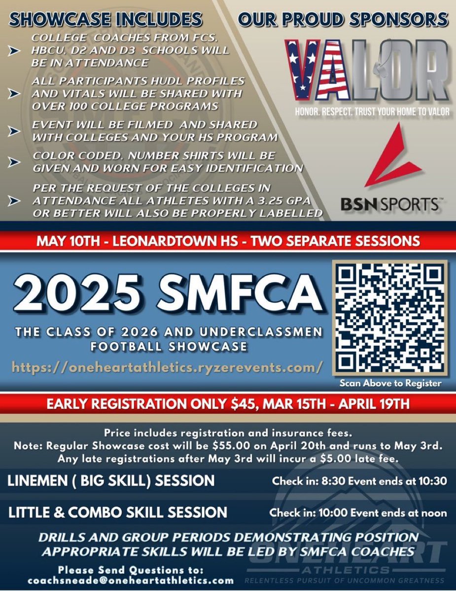 2025 SMFCA Showcase at Leonardtown HS on May 10. If you’re interested in playing college football it’s a great opportunity to sell yourself. 
oneheartathletics.ryzerevents.com/football-showc…