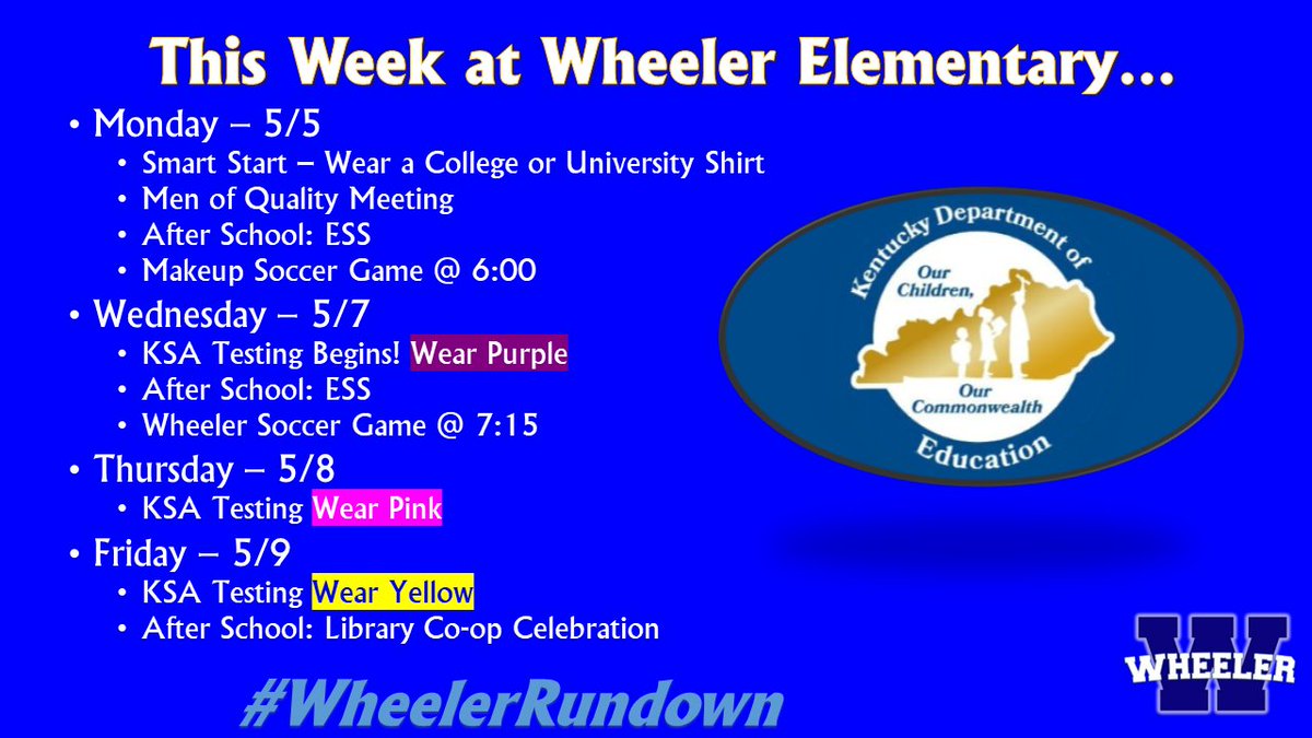 State Testing week is here! 📚✨ We can't wait to see how much our students have learned! Check out the #WheelerRundown for daily color themes! 🎨 #TestingWeek #StudentSuccess