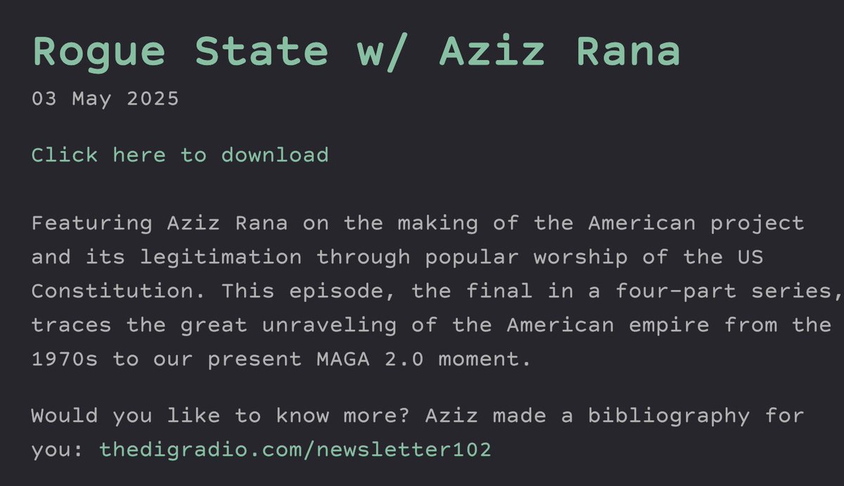 I've completed my four-part <a href="/thedigradio/">The Dig</a> series w Aziz Rana reexamining the entirety of US history through the politics of Americanism and constitutional fetish. This episode traces the great unraveling of the American empire from the 1970s to our present MAGA 2.0 moment. Link 👇