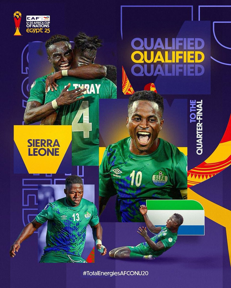 HISTORY MADE!
Sierra Leone’s U-20 Shooting Stars become the first team to reach the quarterfinals of #TotalEnergiesAFCONU20 Egypt 2025!

Pride. Passion. Progress.
Let’s go, Salone!

#ShootingStars #AFCONU20 #TeamSierraLeone #HistoryMakers