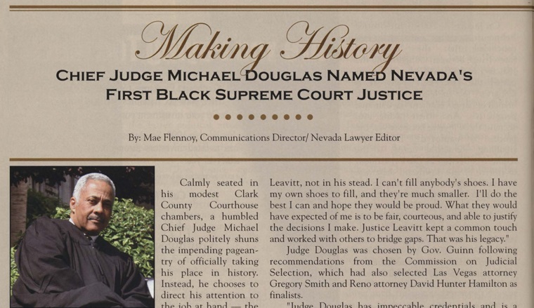 HistoryNevada's tweet photo. Arrived in Las Vegas in 1982, Nevada District Court judge in 1992, and appointed to the Nevada Supreme Court in 2004, Justice Michael Douglas became the first Black Nevada Supreme Court Judge when he was sworn in on May 3, 2004. Douglas retired in 2019. https://t.co/zMGUfaAz3e https://t.co/4tpRHWzwXh
