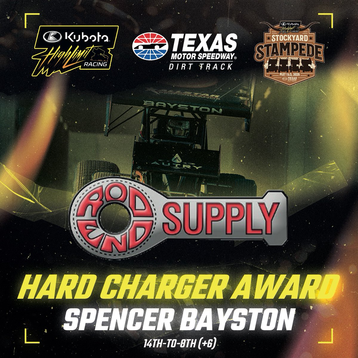 High Limit Racing (@highlimitracing) on Twitter photo .@SpencerBayston collects his first <a href="/Rod_End_Supply/">Rod End Supply</a> Hard Charger Award of 2025 tonight!
He took the <a href="/JMRacing14/">Jason Meyers Racing</a>, <a href="/SanderEngnrg/">Sander Engineering</a> #14 from 14th-to-8th at <a href="/TXMotorSpeedway/">Texas Motor Speedway</a>. .@SpencerBayston collects his first <a href="/Rod_End_Supply/">Rod End Supply</a> Hard Charger Award of 2025 tonight!
He took the <a href="/JMRacing14/">Jason Meyers Racing</a>, <a href="/SanderEngnrg/">Sander Engineering</a> #14 from 14th-to-8th at <a href="/TXMotorSpeedway/">Texas Motor Speedway</a>.