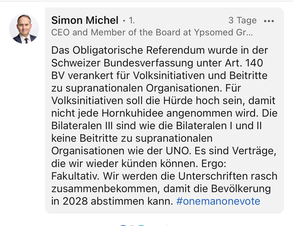 Simon #Michel, streust du Bevölkerung bewusst Sand in Augen?

1/2
Du duftest ja #Rahmenverträge als einer der ersten lesen. Gemäss Aussage von Staatssekretär #Fasel haben die Verträge #keine #Kündigungsklausel. 
Der #EU_Beitritt wäre wohl die einzig realistische #Ausstiegsoption.