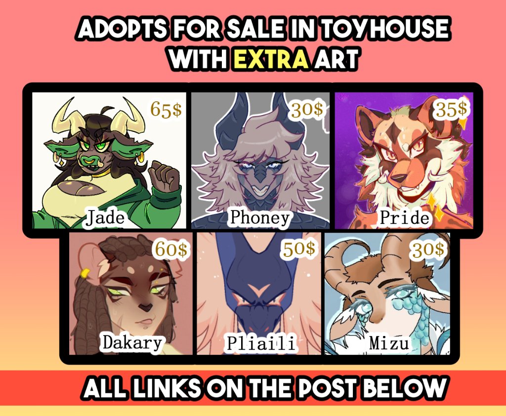 Guys, my friend is selling some adopts in ToyHouse and I would appreciate it if you could give them a look!

If you're not interested, retweet this post!
#adopts #adoptables #Toyhouse #ocs 

LINKS ON THE POST BELOW ⬇️