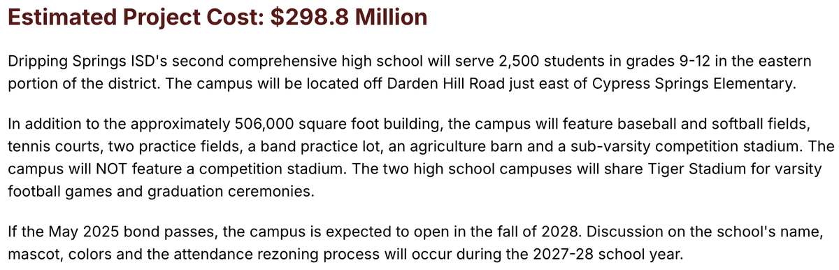 #DrippingSpringsISD voters approve both bond propositions! HS #2 is now funded and expected to open in 2028 with a capacity of 2500 students. #ISDBond2025 #NewSchoolRoundup #txhsfb
