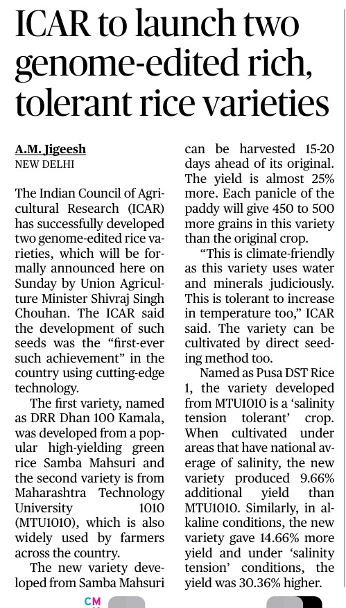 IARI Pusa New Delhi (@iaripusa1) on Twitter photo Hon'ble Minister of Agriculture and Farmers Welfare Shri <a href="/ChouhanShivraj/">Shivraj Singh Chouhan</a> will announce development of genome edited rice varieties at NASC New Delhi on 4th May at 11 am
<a href="/AgriGoI/">Agriculture INDIA</a> <a href="/icarindia/">Indian Council of Agricultural Research.</a> <a href="/mpbhagirathbjp/">Bhagirath Choudhary</a> <a href="/CimmytMl/">ML Jat @ ICRISAT</a> Hon'ble Minister of Agriculture and Farmers Welfare Shri <a href="/ChouhanShivraj/">Shivraj Singh Chouhan</a> will announce development of genome edited rice varieties at NASC New Delhi on 4th May at 11 am
<a href="/AgriGoI/">Agriculture INDIA</a> <a href="/icarindia/">Indian Council of Agricultural Research.</a> <a href="/mpbhagirathbjp/">Bhagirath Choudhary</a> <a href="/CimmytMl/">ML Jat @ ICRISAT</a>