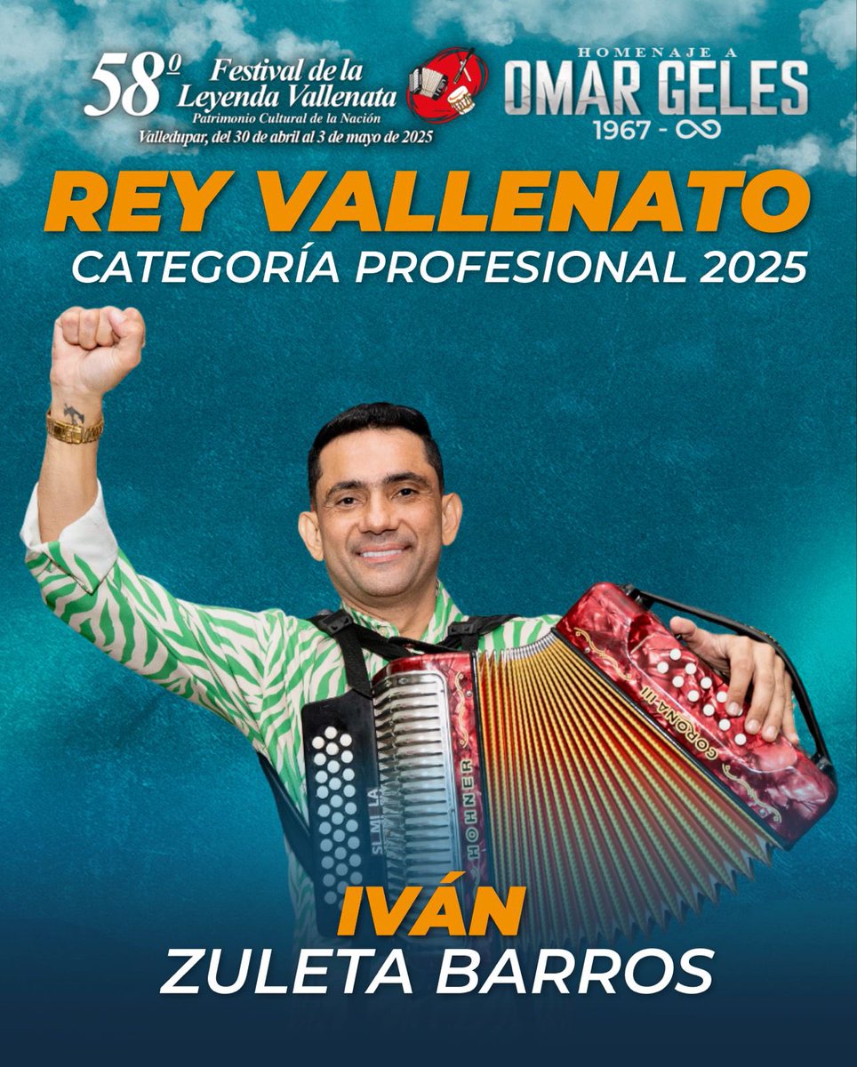 FESVALLENATO's tweet photo. ¡Tenemos nuevo Rey Vallenato Profesional 2025!

Iván Zuleta Barros se corona como el máximo exponente del acordeón en la versión 58 del Festival de la Leyenda Vallenata.
@mincultura https://t.co/Q7uKtxoWdS