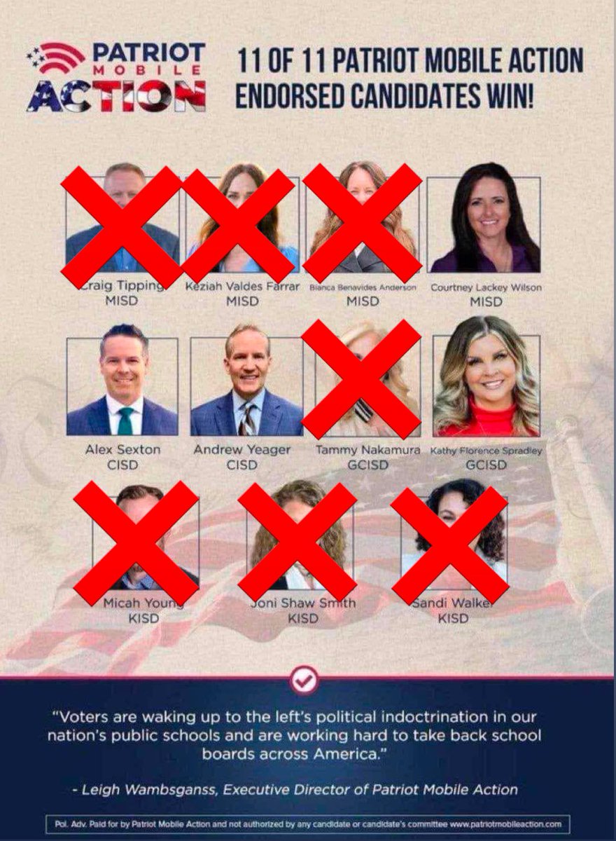 Laney Hawes (@laneyhawes) on Twitter photo Seven <a href="/PatriotMobile/">Patriot Mobile 🇺🇸</a> candidates gone from North Texas school boards tonight. Tarrant County is tired of this garbage. We’re taking our school districts back! <a href="/Mike_Hixenbaugh/">Mike Hixenbaugh is mikehixenbaugh.com on BlueSky</a> Seven <a href="/PatriotMobile/">Patriot Mobile 🇺🇸</a> candidates gone from North Texas school boards tonight. Tarrant County is tired of this garbage. We’re taking our school districts back! <a href="/Mike_Hixenbaugh/">Mike Hixenbaugh is mikehixenbaugh.com on BlueSky</a>