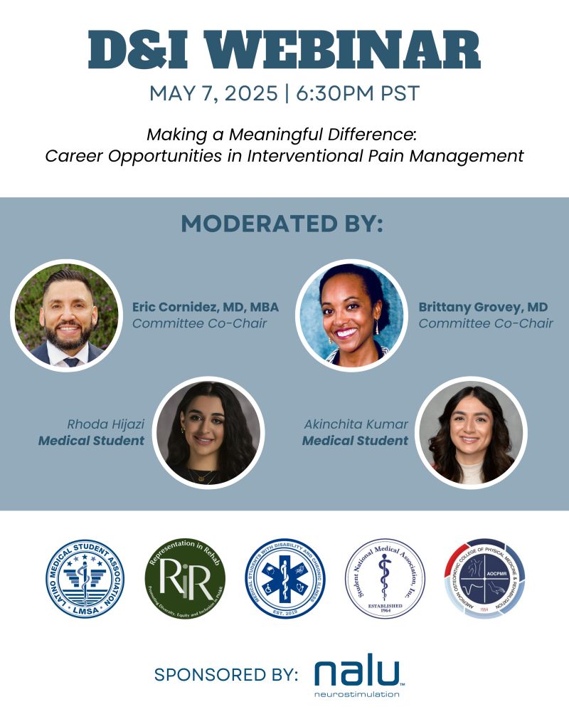 Pacific Spine & Pain Society (@pspainsociety) on Twitter photo Don't miss out our D&I Webinar, this Wednesday, May 7th at 6:30 PST!
Register at the link below:
lnkd.in/eXeaFk7f
<a href="/aocpmr/">AOCPMR</a> <a href="/scorah_ssmb/">scorah.ssmb@gmail.com</a> <a href="/RepresentRehab/">RepresentationinRehab</a> <a href="/MSDCINational/">Medical Students with Disability & Chronic Illness</a> <a href="/LmsaNational/">LMSA National</a> @smnaofficial Don't miss out our D&I Webinar, this Wednesday, May 7th at 6:30 PST!
Register at the link below:
lnkd.in/eXeaFk7f
<a href="/aocpmr/">AOCPMR</a> <a href="/scorah_ssmb/">scorah.ssmb@gmail.com</a> <a href="/RepresentRehab/">RepresentationinRehab</a> <a href="/MSDCINational/">Medical Students with Disability & Chronic Illness</a> <a href="/LmsaNational/">LMSA National</a> @smnaofficial