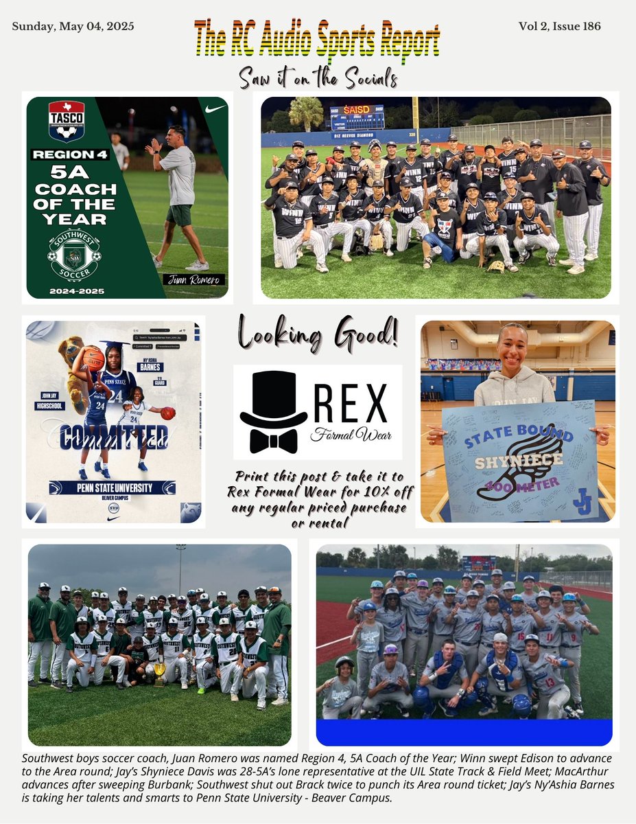 RC Audio Sports Report - Vol 2, Issue 186
Sunday, May 04, 2025
Saw it on the Socials - Looking Good
presented by <a href="/rexformalwear/">Rex Formal Wear</a> (Print this post &amp; take it to Rex Formal Wear for 10% off any regular priced purchase or rental)