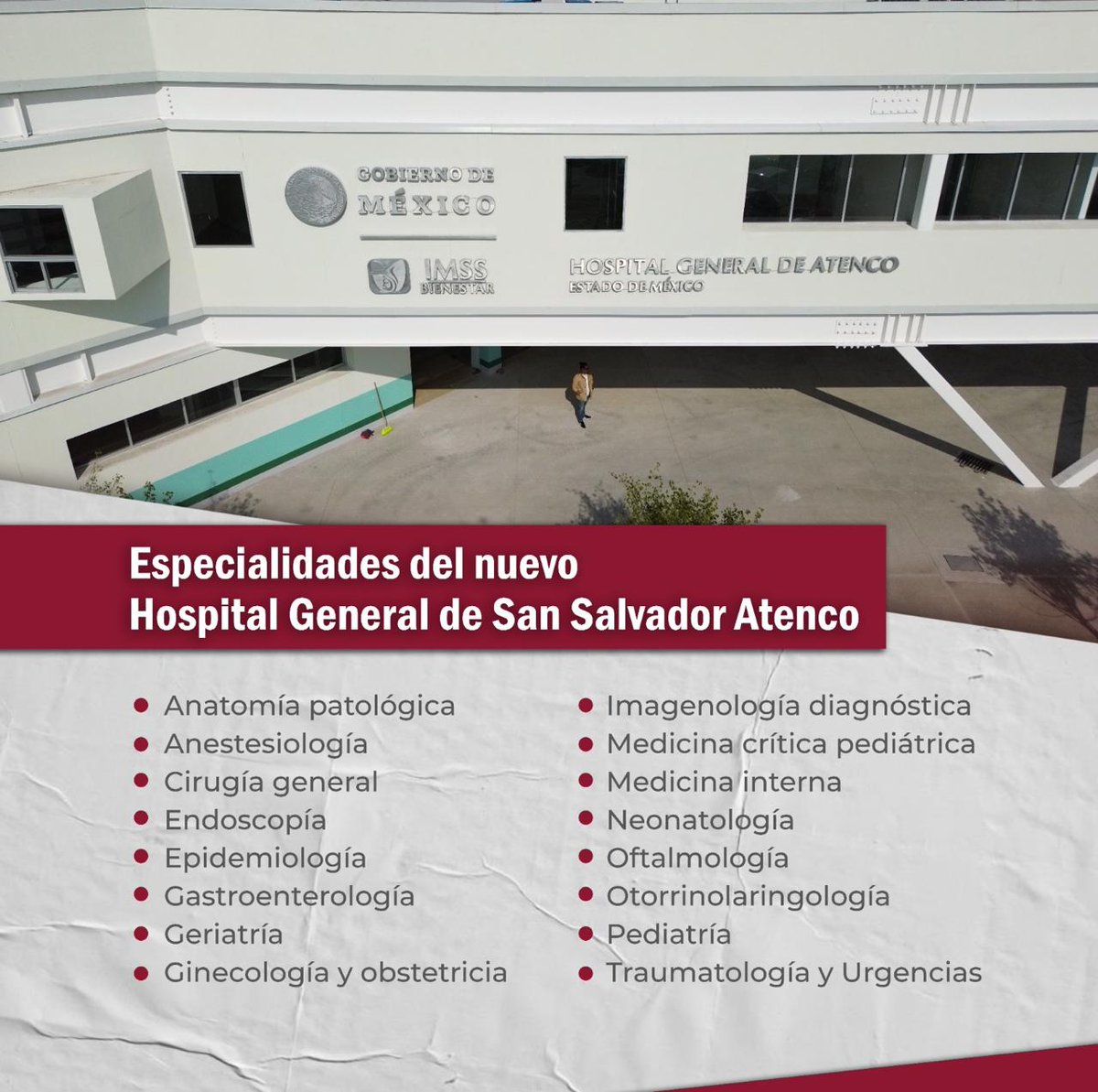 Atención a Víctimas (@ceavem) on Twitter photo Con el apoyo del <a href="/GobiernoMX/">Gobierno de México</a>, en el #EdoMex se continúa fortaleciendo el sistema de salud mexiquense. El nuevo Hospital General de #Atenco IMSS-Bienestar beneficiará a más de 1 millón de personas con acceso a servicios gratuitos de diversas especialidades médicas
#BienestarEs4T Con el apoyo del <a href="/GobiernoMX/">Gobierno de México</a>, en el #EdoMex se continúa fortaleciendo el sistema de salud mexiquense. El nuevo Hospital General de #Atenco IMSS-Bienestar beneficiará a más de 1 millón de personas con acceso a servicios gratuitos de diversas especialidades médicas
#BienestarEs4T