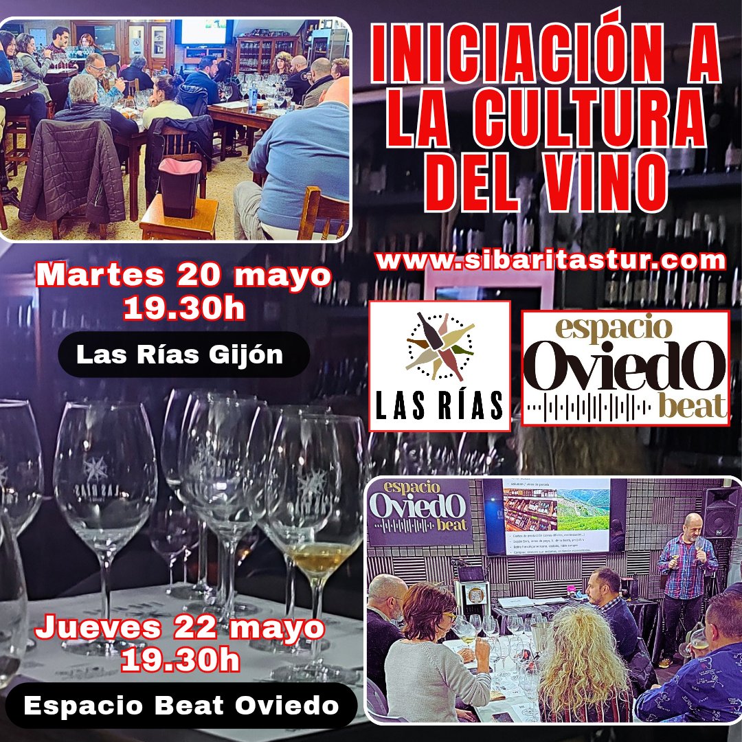 Vuelve la iniciación a la cultura del vino! en <a href="/lasriasgijon/">Las Rias Gijón</a> y @espaciooviedobeat
Ideal si llevas tiempo probando y  tienes dudas o estás empezando y quieres aprender.
Con detalles que no escucharás en catas comerciales.
Más info y reservas hasta día 13: sibaritastur.com/product/inicia…