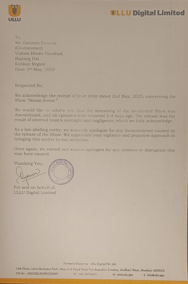 ravriya_gautam's tweet photo. Apologies later from Ullu Digital Ltd for showing nudity vulgarity in house arrest show. Also, he has confirmed that the show streaming is Stop immediately
.#ullu #ulludigital #azajkhan #ajazkhan #bollywood #hungama #tellydrama #kajalhindustani #bajarangdal🚩🕉 #bajarangdal https://t.co/d0Sf1an3y2