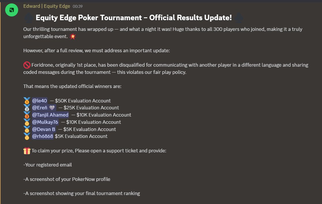 Equity Edge hosted a poker tournament, and this host was amazing not only he increased the prize pool to 6 people he also gave away extra accounts to random people out of generosity. Thank you Edward. I really hope to see more hosts care about our community like he does