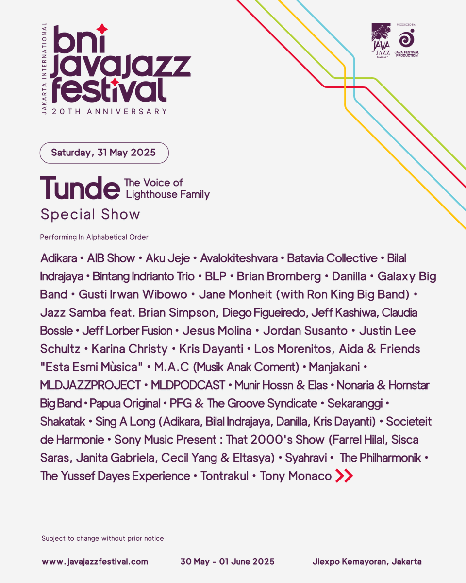 JavaJazzFest's tweet image. Our updated lineup for #BNIJJF2025 is LIVE! 🎷
Explore the artists joining us as we celebrate 20 years of Java Jazz Festival.
🎟️ Get your tickets now: tickets.javajazzfestival.com/2025
#JavaJazzFest #JJF2025 #20yearsjavajazzfestival