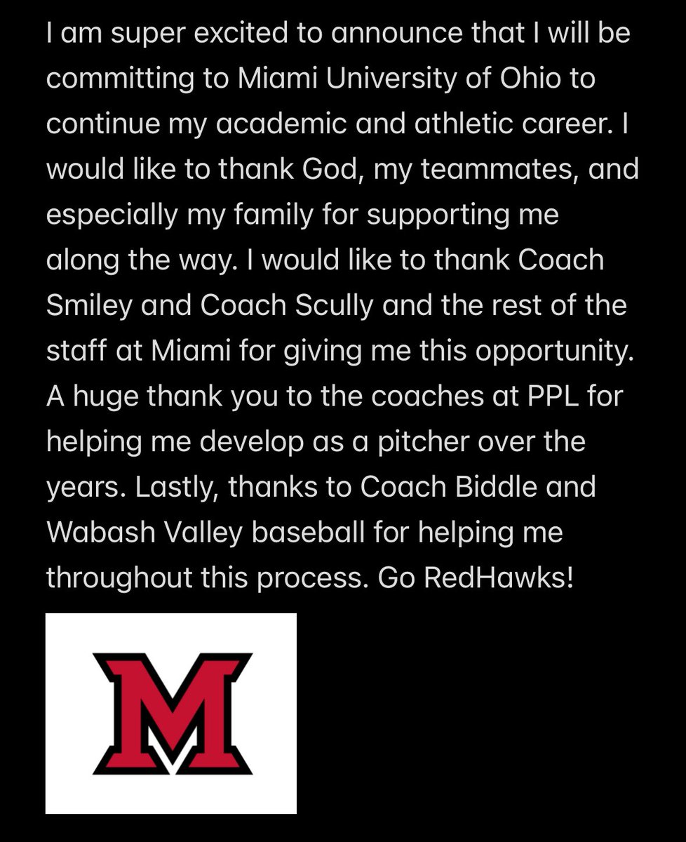 Let’s go RedHawks! <a href="/MiamiOHBaseball/">Miami Baseball</a> <a href="/CoachBidds5/">Aaron Biddle</a> #Committed