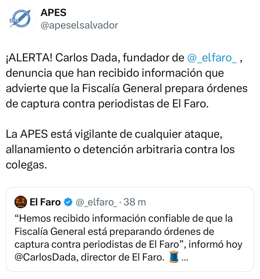 La <a href="/apeselsalvador/">APES</a> ha activado una alerta frente a la amenaza revelada por nuestro director Carlos Dada, contra periodistas de El Faro por parte de la Fiscalía General de la República, de preparar órdenes de captura contra informadores de este periódico tras las más recientes
