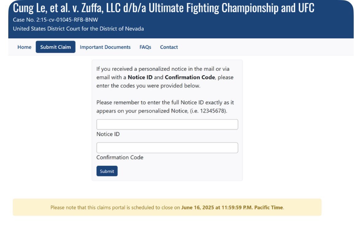 erikmagraken's tweet photo. Hey MMA Twitter -  help spread the word. 

UFC fighters only have until June 16 to return their completed claim form to get their class action settlement $$$ https://t.co/3q1eDHDkMR