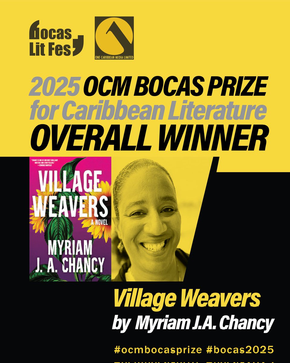🏆 Congratulations to the winner of the 2025 OCM Bocas Prize for Caribbean Literature, #MyriamJAChancy! 🏆

She has won the 15th annual award for her book, Village Weavers (<a href="/Tin_House/">Tin House</a>)

#OCMBocasPrize
