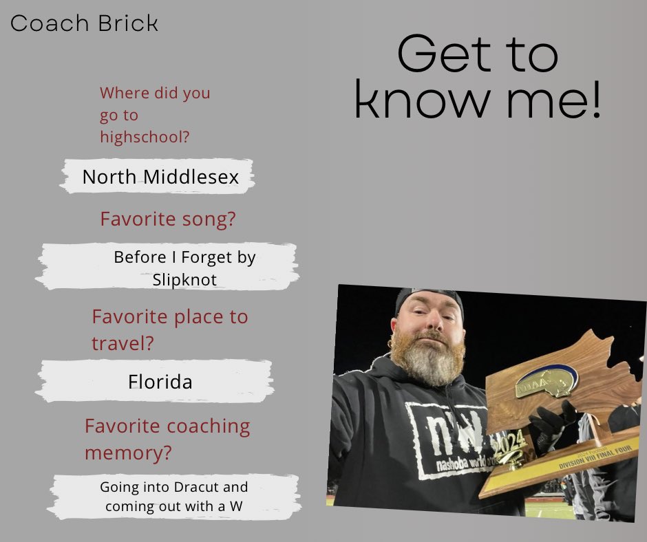 Assistant coaches week! 

Coach Shane Brickley. Coach Brick comes to us after coaching at Ayer Shirley, and Ayer youth football, he is going into his second season coaching at Nashoba Tech.

We are lucky to have Coach Brick on staff to coach our running backs!