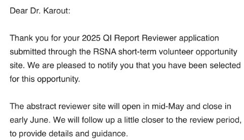 Lina_Karout1's tweet image. Also excited to be selected as an abstract reviewer for the Quality Improvement section at RSNA 2025! Grateful for the opportunity and looking forward to reviewing impactful science #RSNA2025 #QualityImprovement #MedTwitter @MGBResearchNews