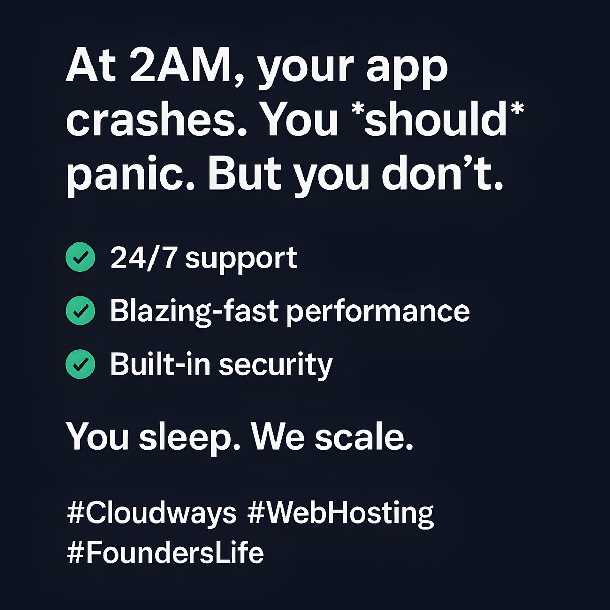 technsoftware's tweet image. Late-night app crash? No sweat. #Cloudways blazing-fast performance and robust security keep things running smoothly. Get a free 3-day trial: trymy.link/AWrTt 🌟 #WebHosting #FoundersLife