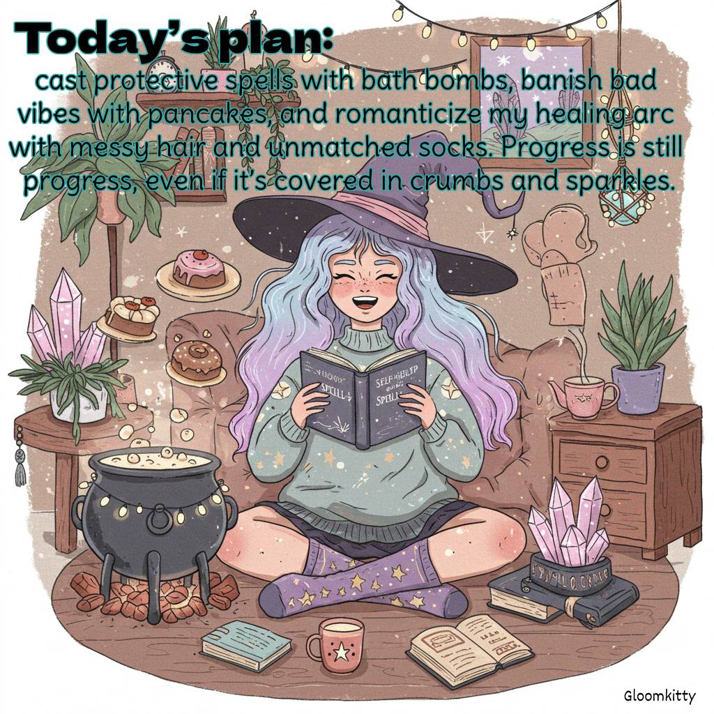 The_Gloomkitty's tweet image. Today’s plan: cast protective spells with bath bombs, banish bad vibes with pancakes, and romanticize my healing arc with messy hair and unmatched socks. Progress is still progress, even if it’s covered in crumbs and sparkles. 

#SaturdayMagic #HealingInStyle #SelfCareSorcery