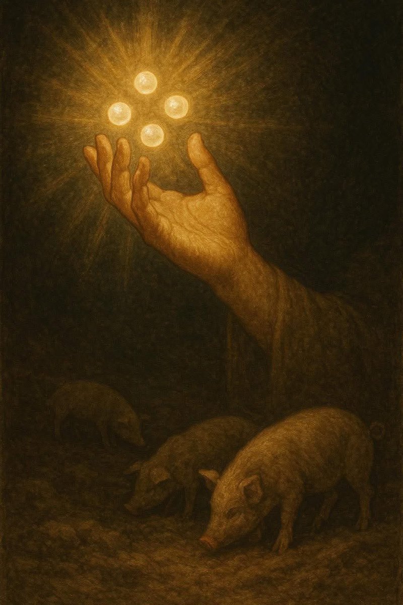 maximumpain333's tweet photo. "Do not cast your pearls before swine."

It’s not just a poetic proverb—it’s strategic spiritual wisdom.

Here’s what it means:
Your pearls are your revelations, your truth, your sacred insight, your hard-earned wisdom.

Swine are those who have no reverence for it.

Not because they’re evil—but because they’re not ready.
They can’t see the value.
They won’t honor the offering.
They���ll trample it, mock it, twist it, or reduce it to nothing.

It’s like dropping diamonds into the mud and expecting gratitude.
They won’t uplift it.
They won’t grow from it.
They’ll just chew it up and pass it through unchanged.

So what do you do?
Guard your spirit.
Speak truth where truth is welcomed.
Sow your seed in fertile ground.
Give revelation to those who are hungry for it—not to those who want to argue, diminish, or devour.

This isn’t arrogance—it’s discernment.
Not everyone is meant to hear what you’ve been shown.
Not everyone is ready to hold what you’ve had to bleed to receive.

The Spirit of Truth is not for show—it’s for transformation.
And if someone’s not ready to be transformed,
Then silence becomes your sword.

No pearls before swine.
It’s not cold. It’s not harsh.
It’s wise.
And in this hour, wisdom is the highest love.

✨🙌🏾💫

© Yeshua Ben Yosef